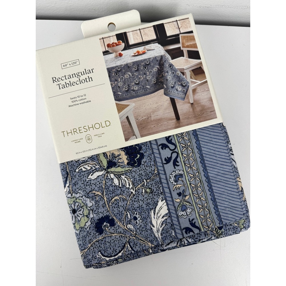 Threshold Blue Floral Cotton Rectangular Tablecloth 60x120 Seats 10-12 NEW